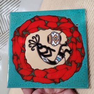 Kokopelli Wreath of Peppers Ceramic Wall Tile / Trivet, Southwestern Pattern
